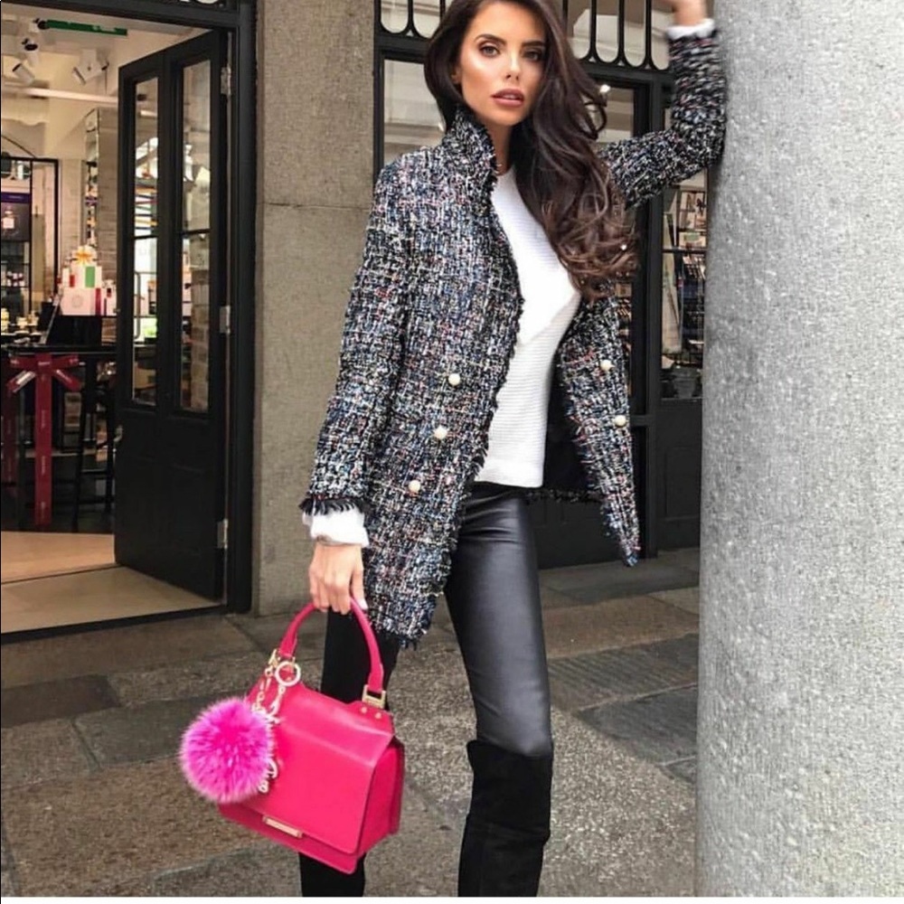 Zara Metallic Tweed Boucle Jacket Pearl Buttons